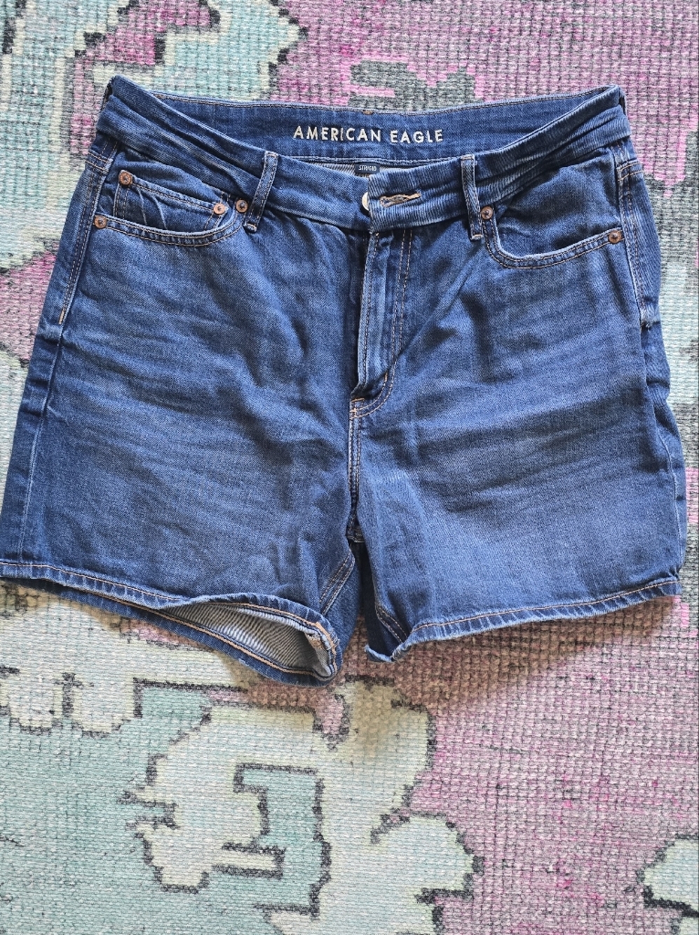 American Eagle Outfitters Dark Blue High-Rise Denim Shorts Strigid